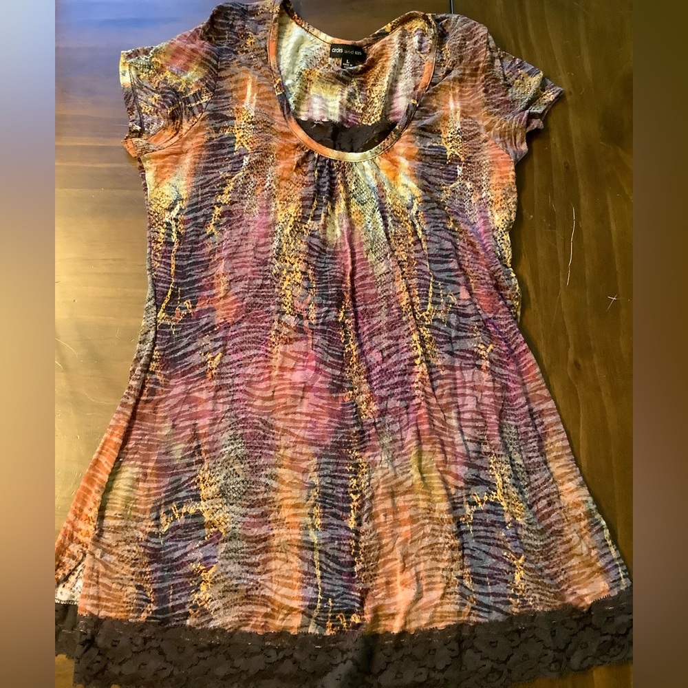 Orange and Pink Ruched Cap Sleeve Blouse